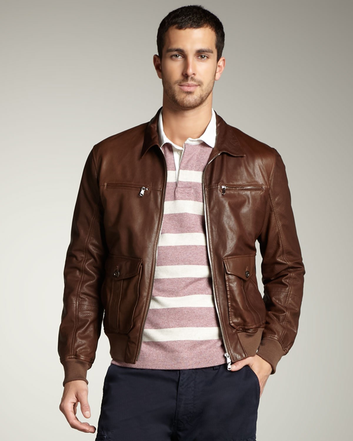 Brunello cucinelli Leather Bomber Jacket in Brown for Men | Lyst