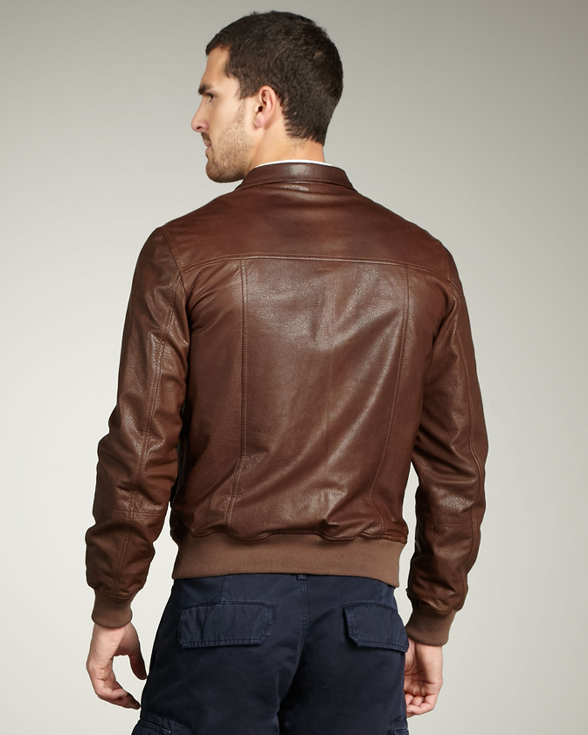 Brunello Cucinelli Leather Bomber Jacket in Brown for Men - Lyst