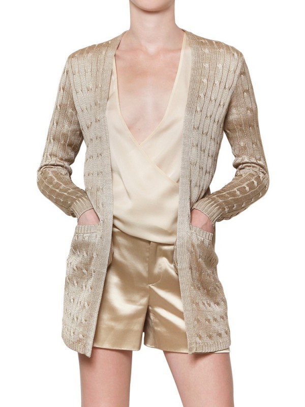 Ralph Lauren Black Label Silk Cable Knit Cardigan in Natural | Lyst