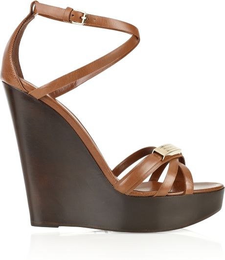 Burberry Multi-strap Leather Wedge Sandals in Brown | Lyst