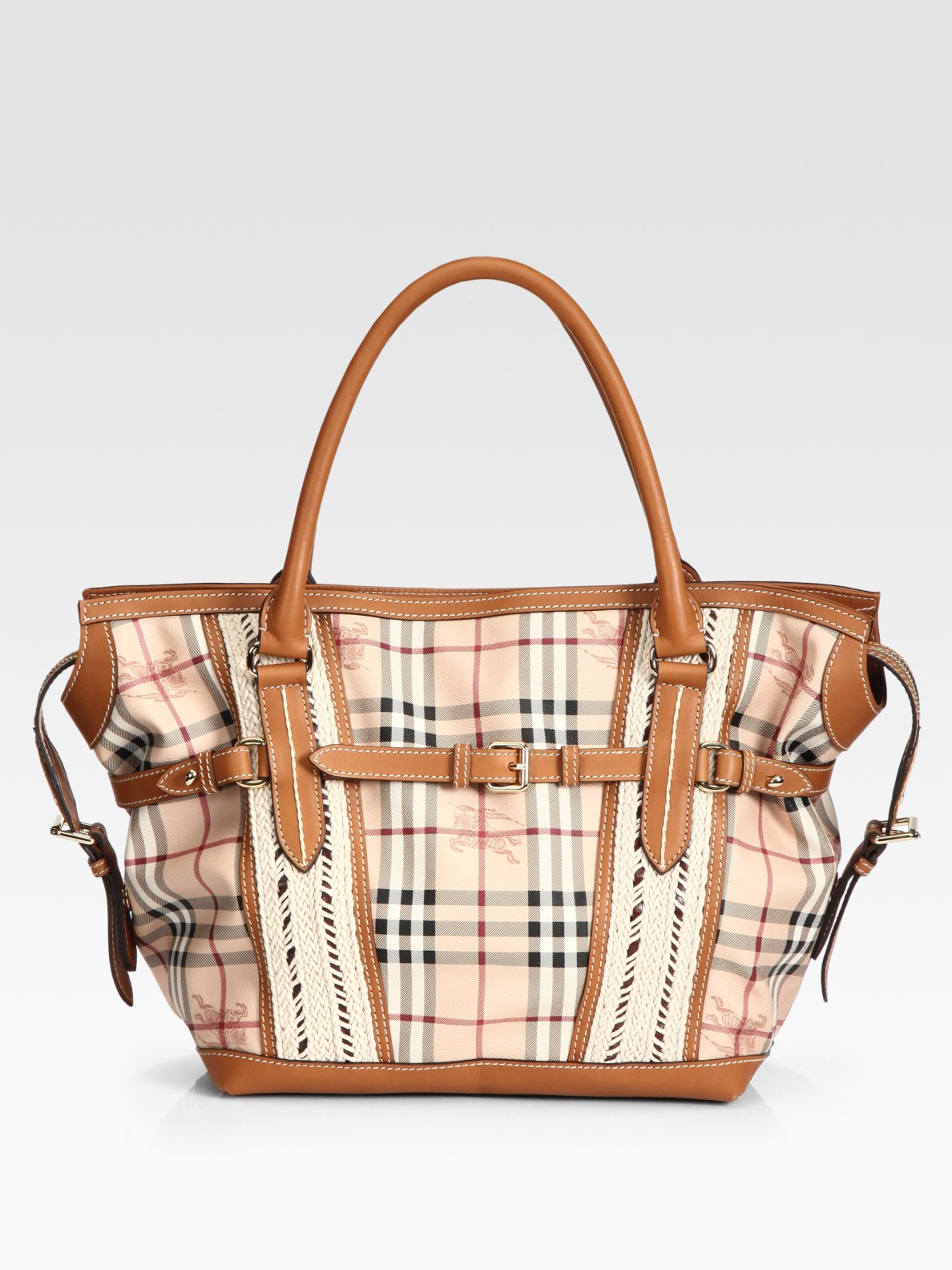 Burberry Belted Check Leather Tote Bag in Brown (tan) | Lyst