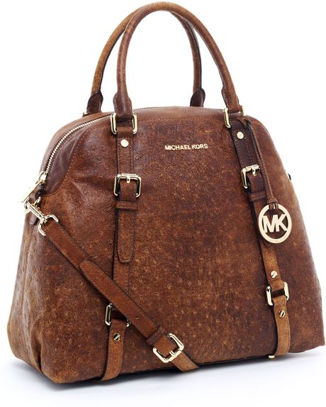 Michael Kors Bedford Extra-Large Bowling Satchel, Mocha Ostrich in ...