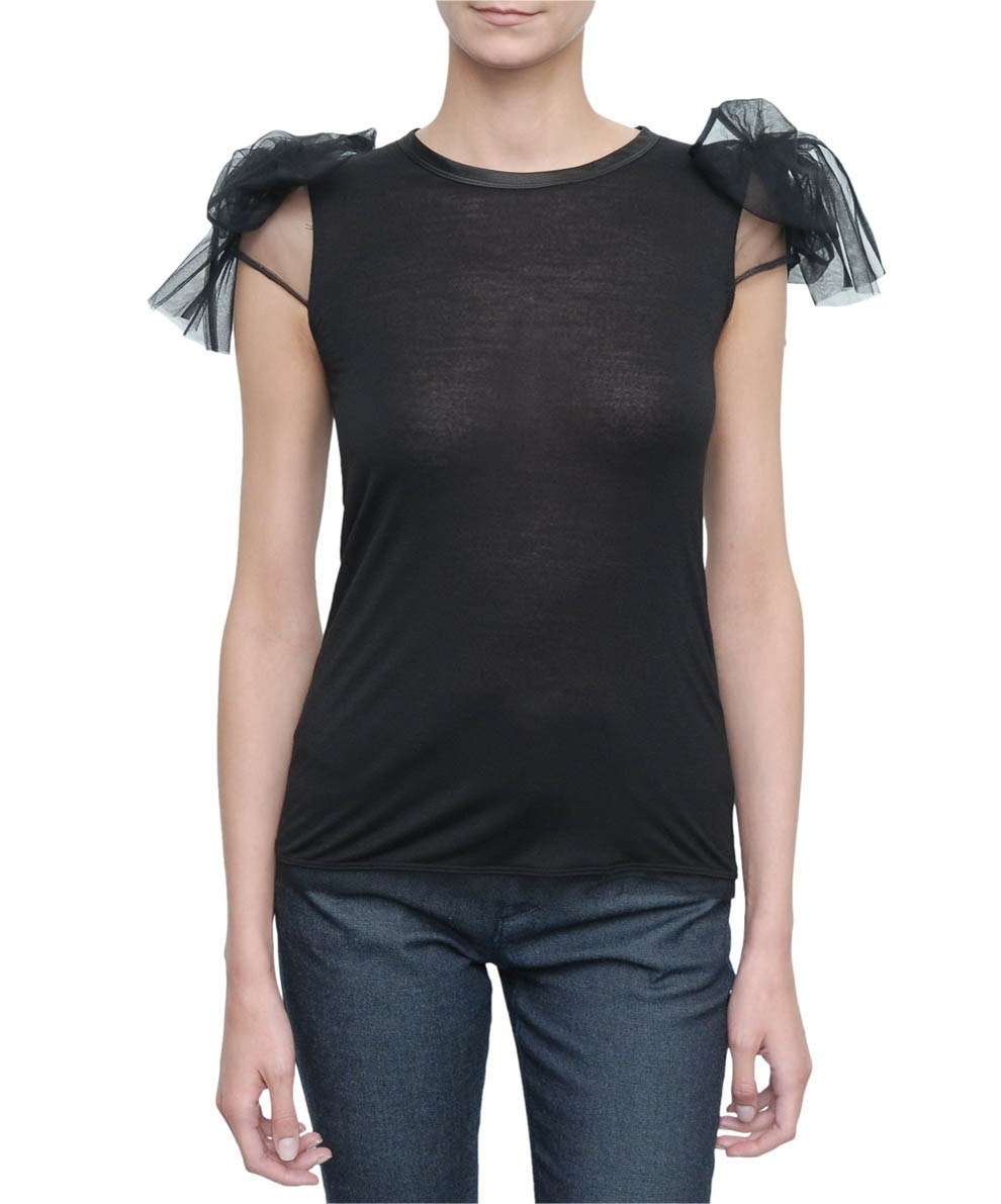 Valentino Tulle Sleeved Couture T-shirt with Bow On Shoulder in Black ...