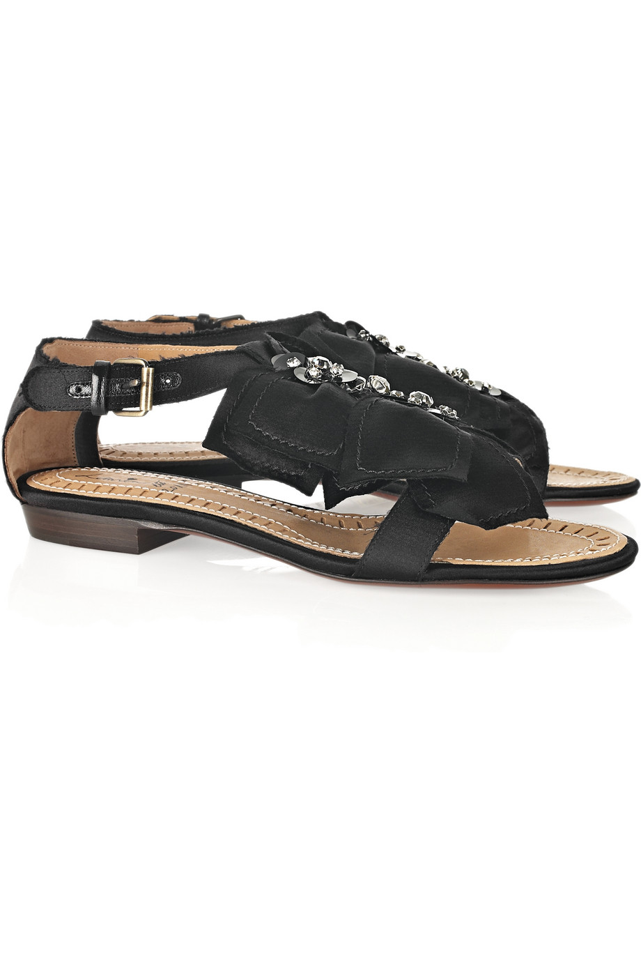 Lanvin Crystal-embellished Flat Satin Sandals in Black - Lyst