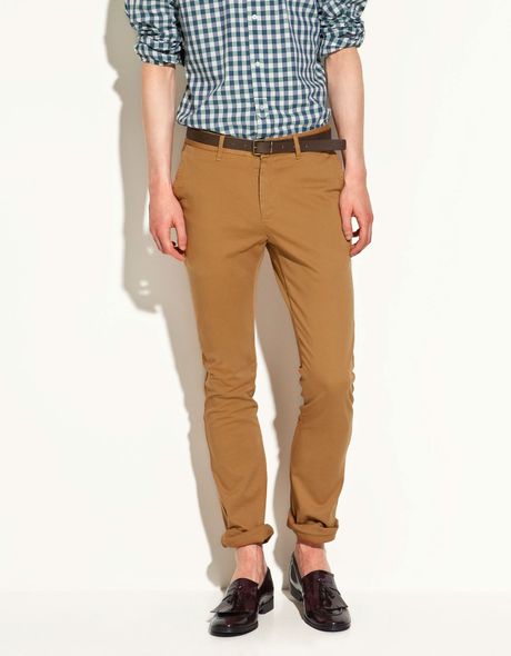 Zara Chino Trousers with Belt in Brown for Men (mustard) | Lyst
