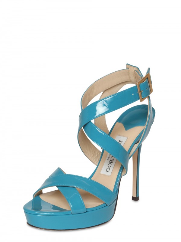 Jimmy Choo 120mm Vamp Patent Criss Cross Sandals in Turquoise (Blue) - Lyst