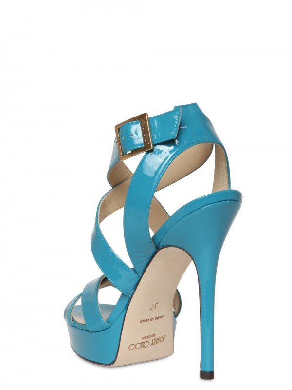 Jimmy Choo 120mm Vamp Patent Criss Cross Sandals in Turquoise (Blue) - Lyst