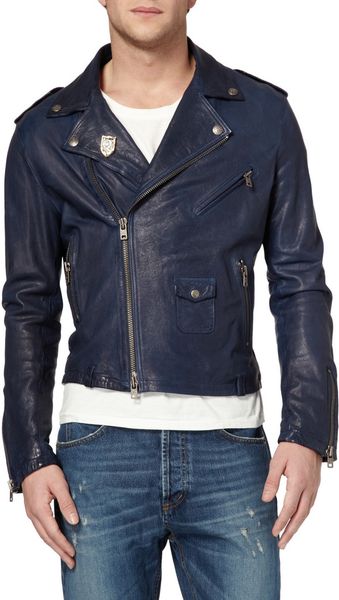 Mcq By Alexander Mcqueen Washed-leather Biker Jacket in Blue for Men | Lyst