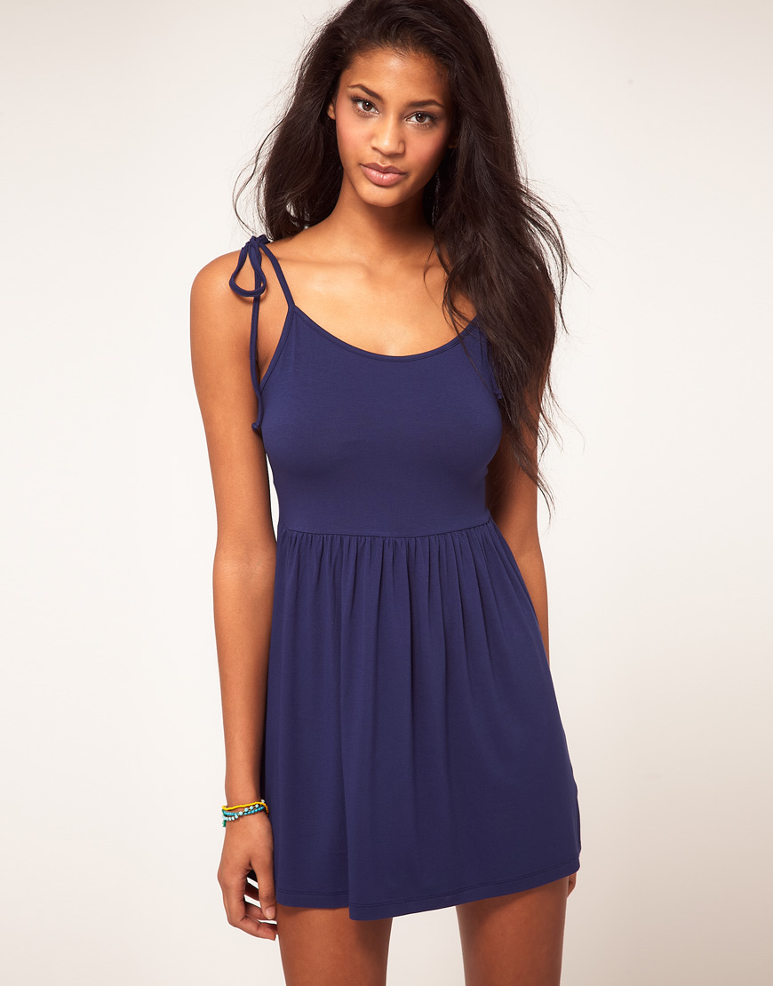 ASOS Summer Dress With Tie Shoulder Straps in Blue | Lyst