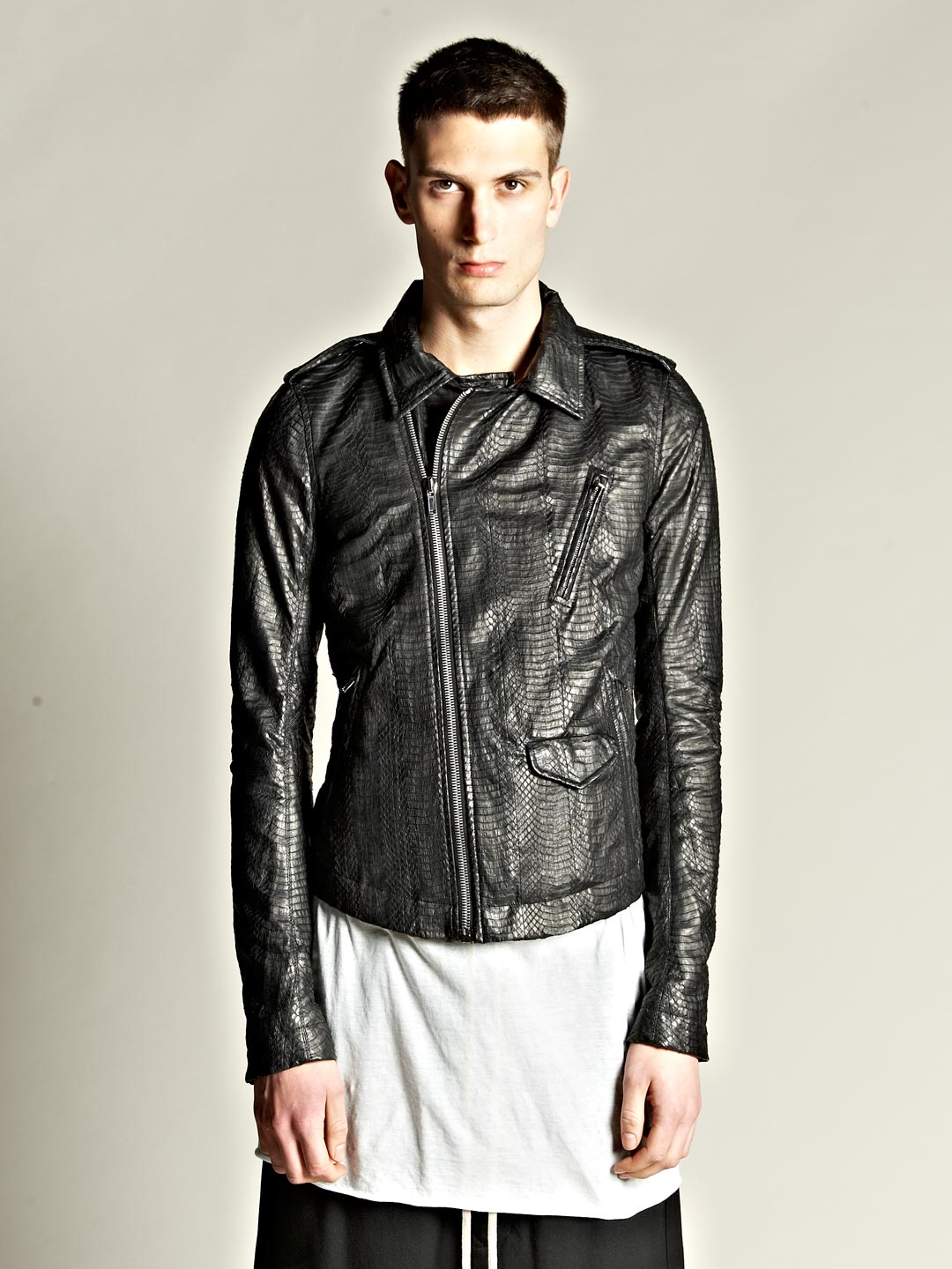 Rick Owens Mens Water Python Leather Biker Jacket In Black