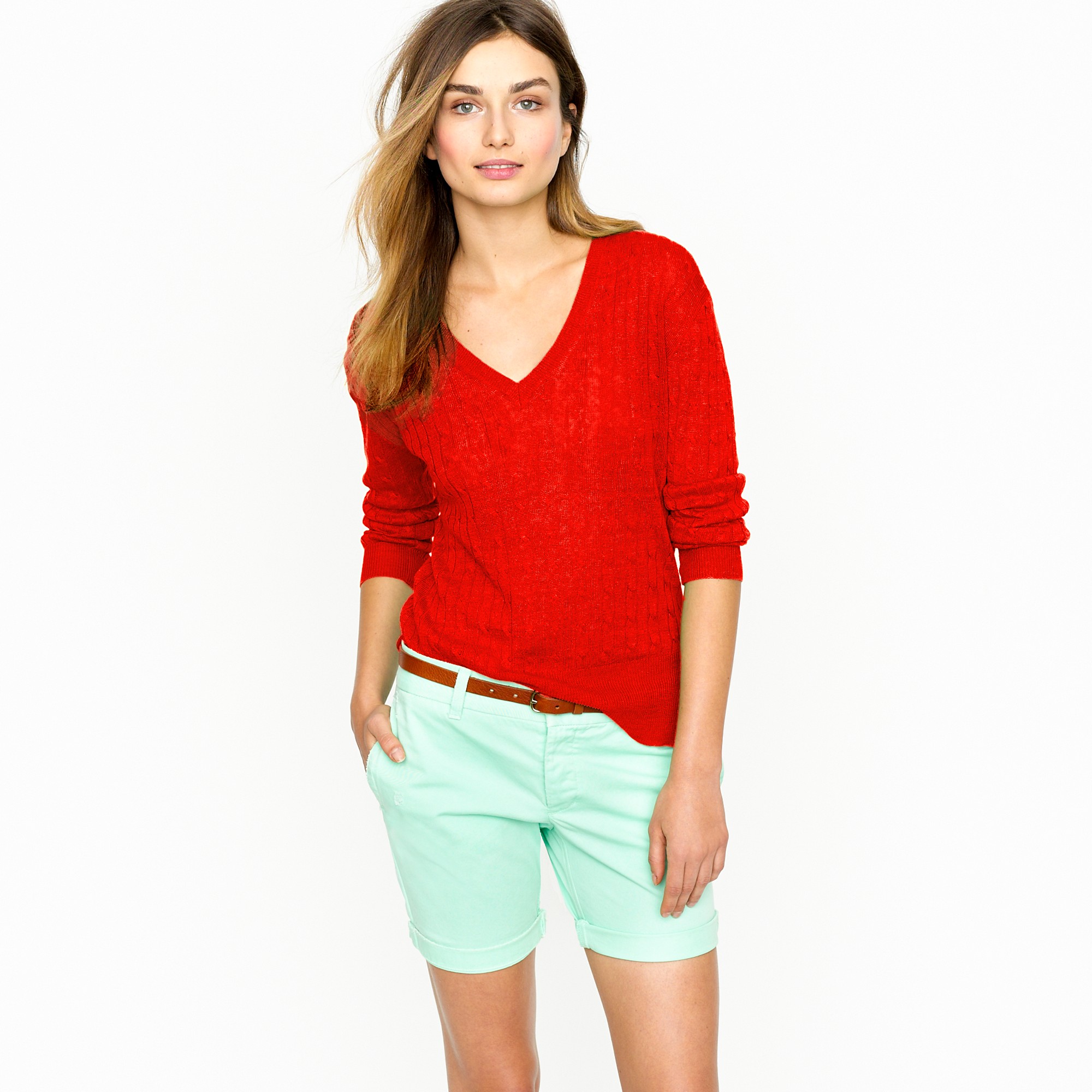 J.Crew Linen Vneck Cableknit Sweater in Cerise (Red) Lyst