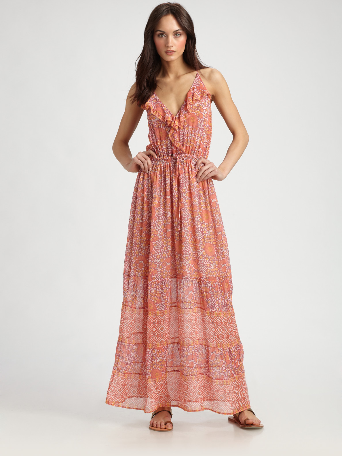 Joie Semisheer Floralprint Silk Maxi Dress in Orange - Lyst
