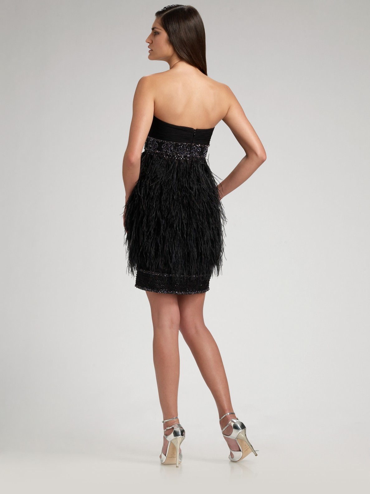 feather trim strapless gown