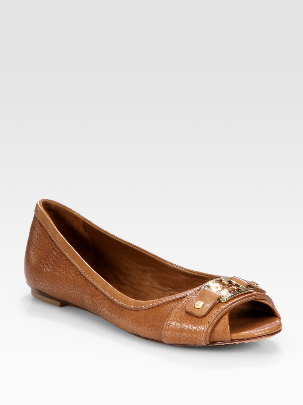 Tory Burch Cline Leather Peep Toe Logo Ballet Flats in Brown | Lyst