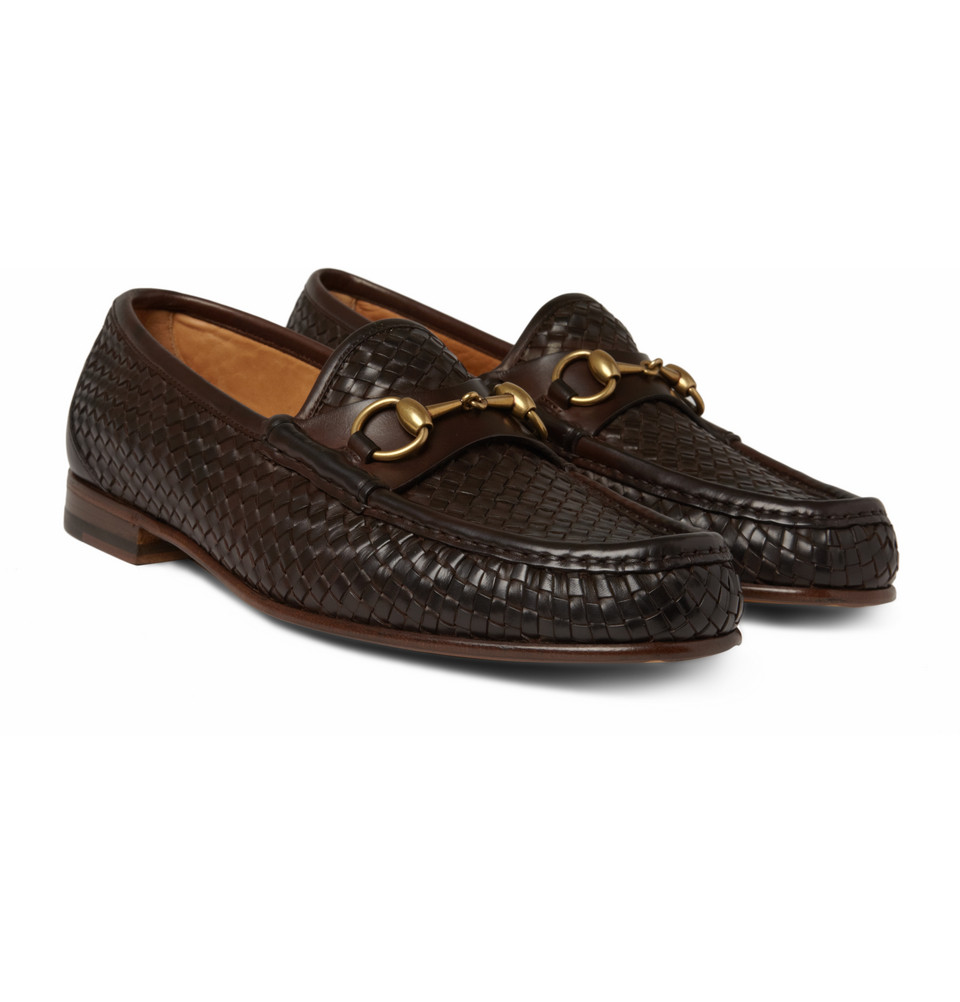 Gucci Woven Leather Horsebit Loafers in Brown for Men - Lyst