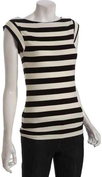 French Connection Black and Cream Striped Cap Sleeve T-shirt in Black ...