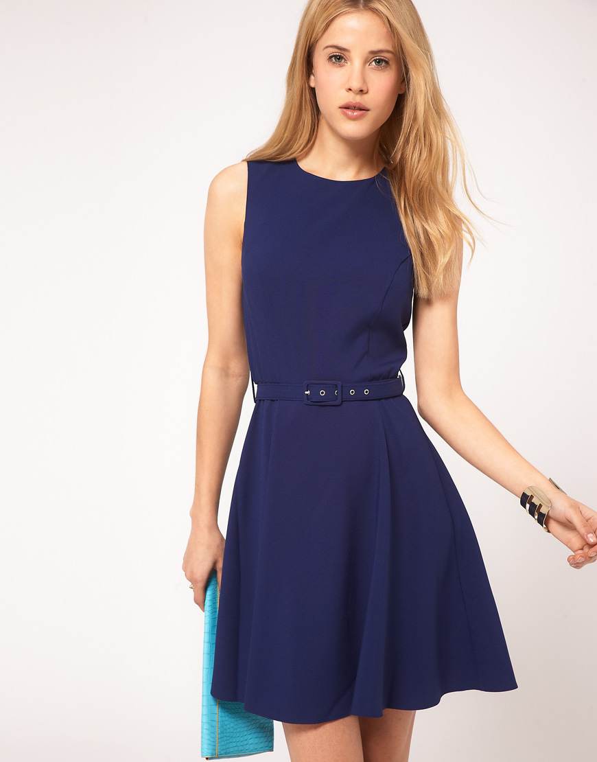 ASOS Fit And Flare Dress With Belt in Navy (Blue) - Lyst