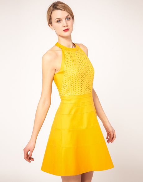 Karen Millen Fit Flare Halter Dress in Yellow | Lyst