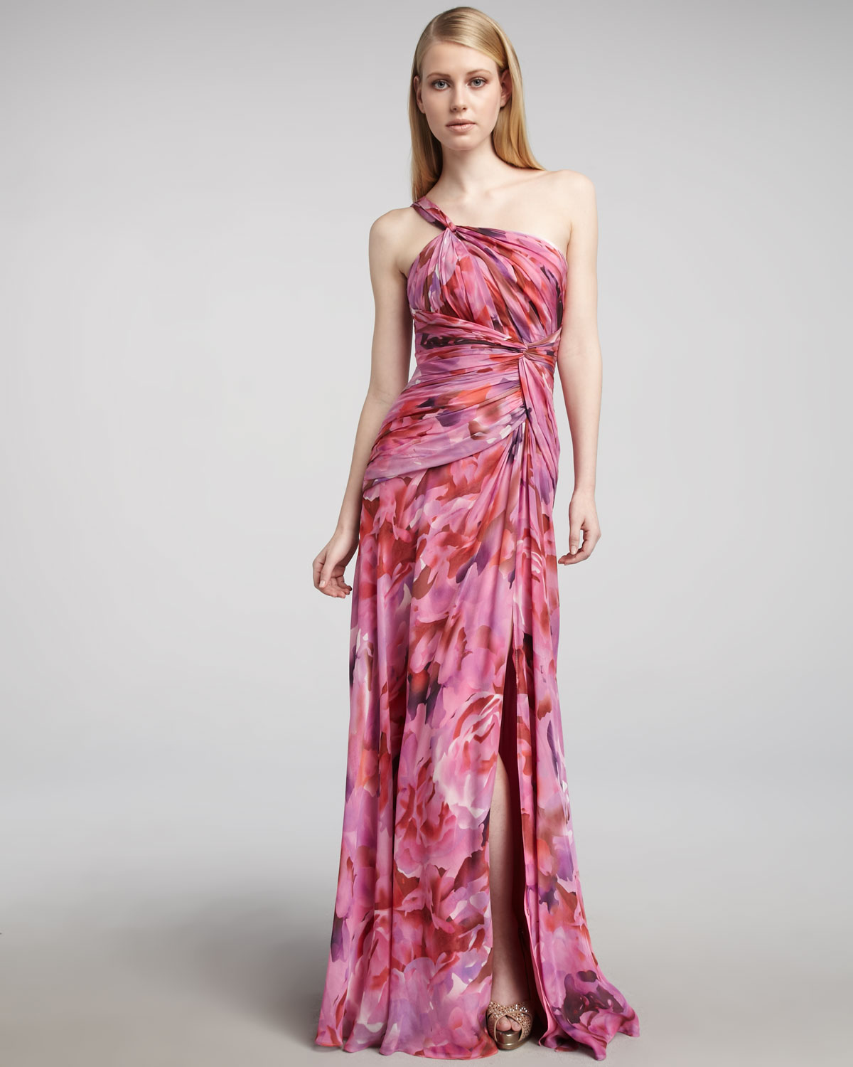 Lyst - Ml Monique Lhuillier One-shoulder Floral-print Gown in Pink