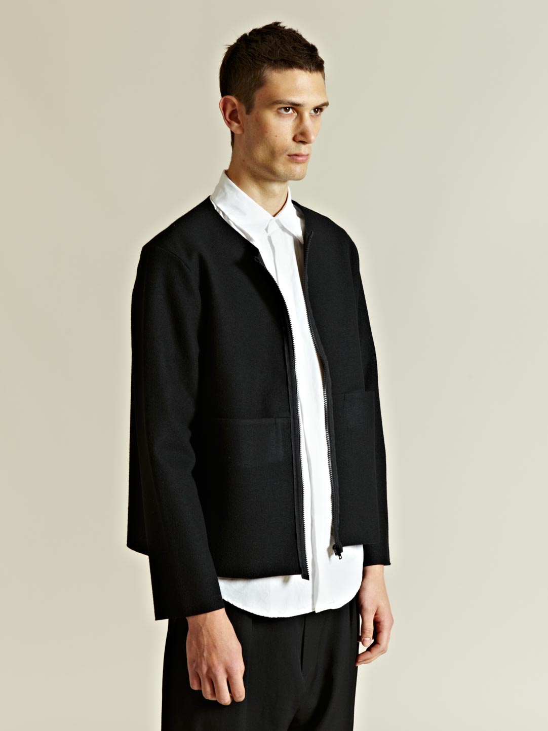 Unused Collarless Wool Jacket in Black for Men | Lyst