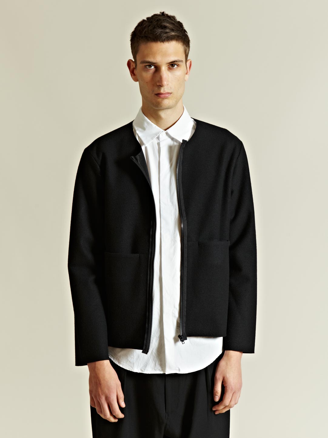 Unused Collarless Wool Jacket in Black for Men | Lyst