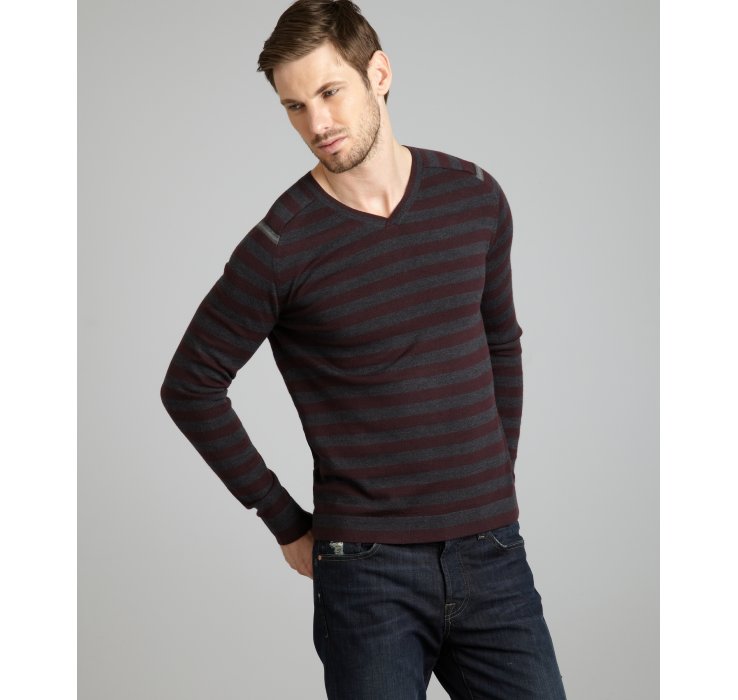 Lyst - Elie Tahari Striped Merino Wool Benton V-neck Sweater in Gray ...
