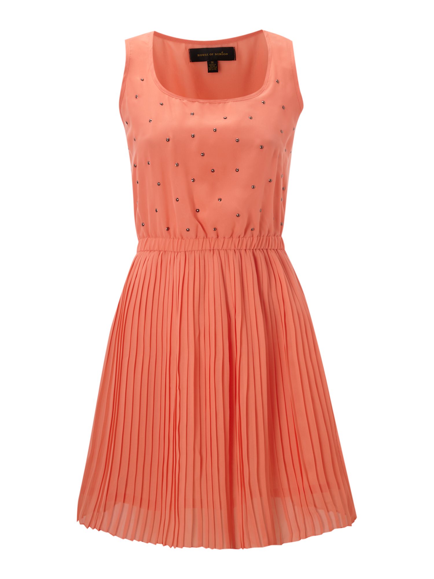 House Of Dereon Studded Dress with Pleated Skirt in Orange (coral) | Lyst