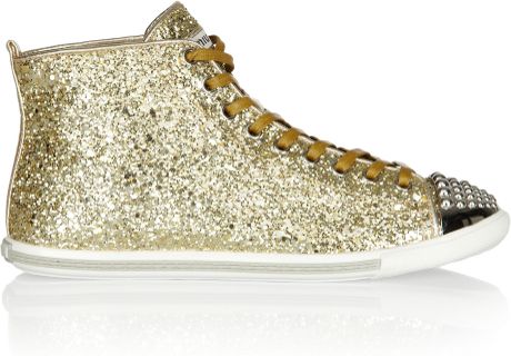 Miu Miu Glittered Leather Hightop Sneakers in Gold | Lyst
