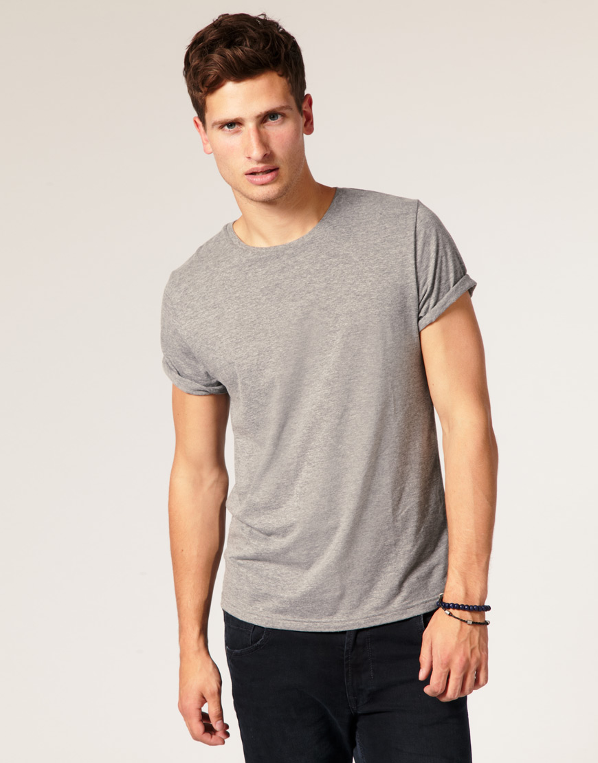 ASOS T Shirt with Rolled Sleeves in Gray for Men | Lyst