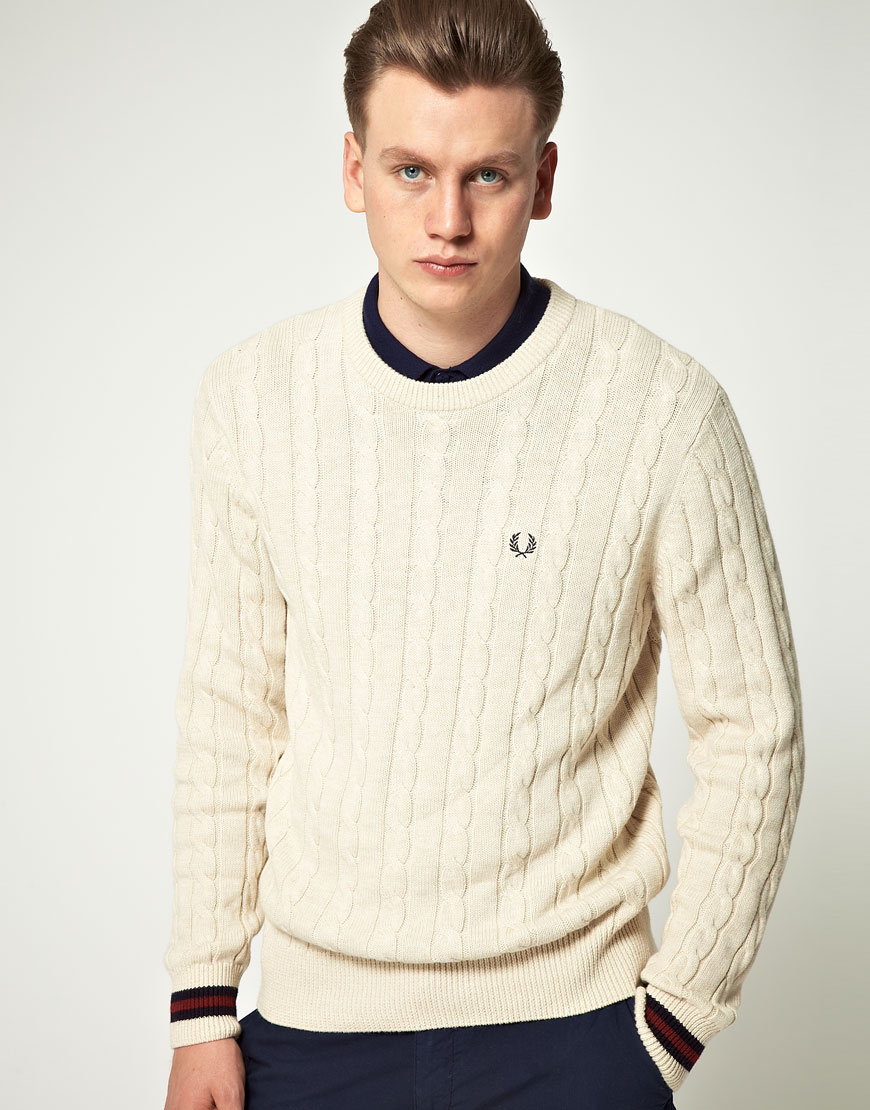 Fred Perry Fred Perry Tipped Cable Crew Jumper in White for Men - Lyst