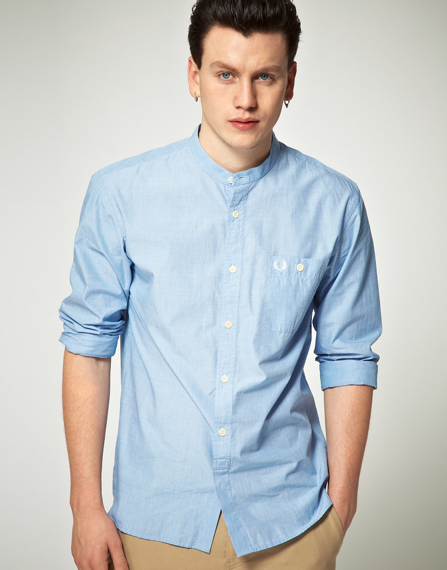Fred Perry Grandad Collar Shirt in Turquoise (Blue) for Men - Lyst