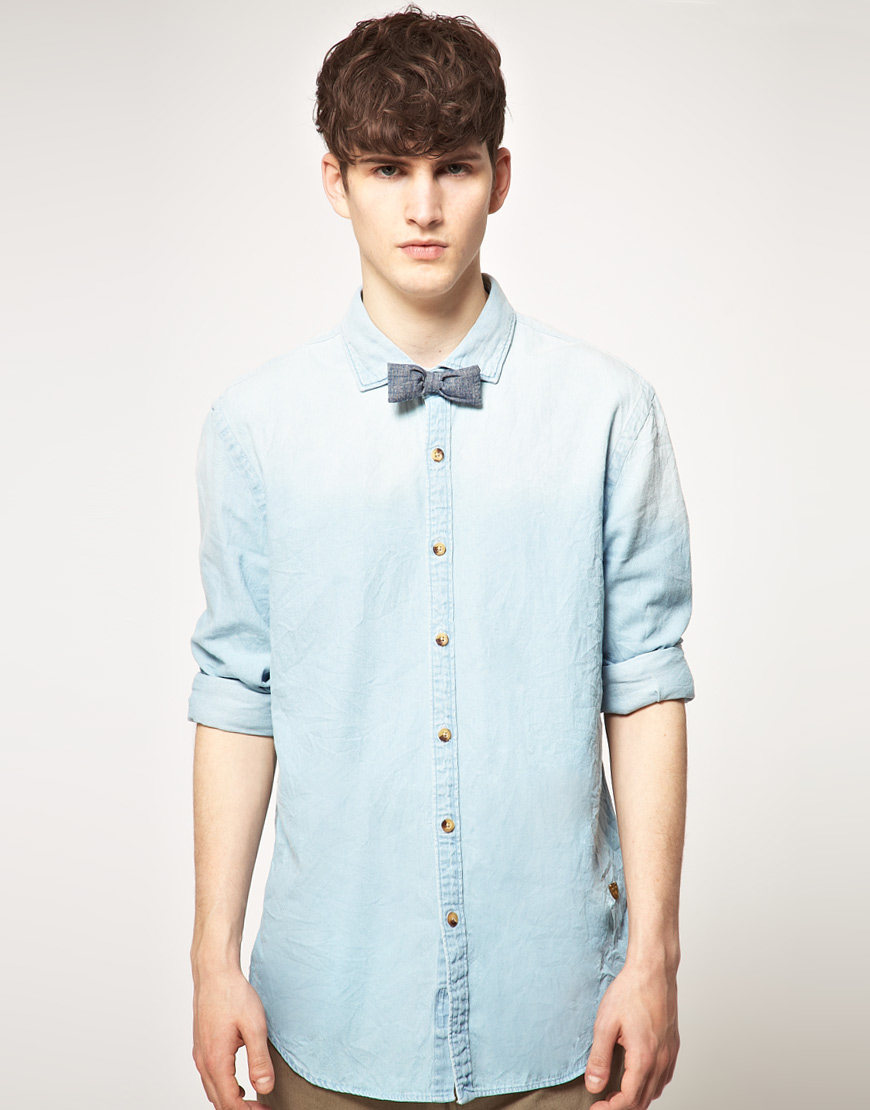 denim shirt with bow tie