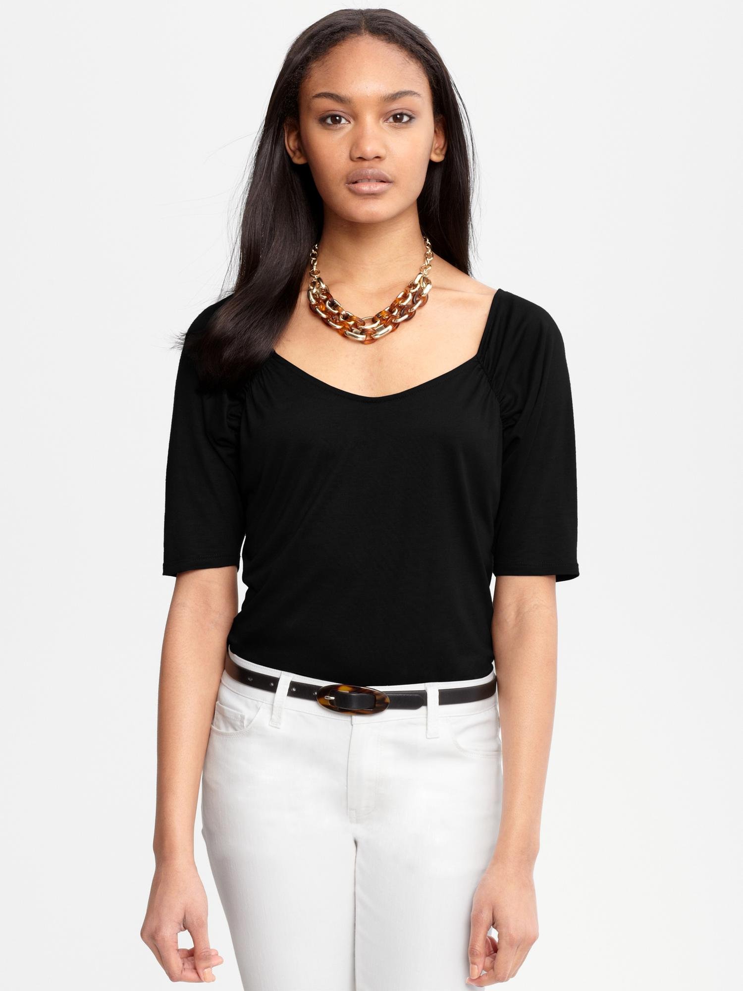 Banana republic Shirred Square Neck Blouse in Black | Lyst