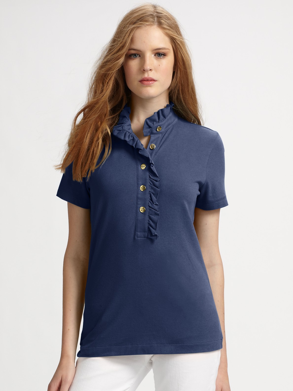 Tory Burch Lidia Rufflecollar Polo Shirt in Navy (Blue) - Lyst