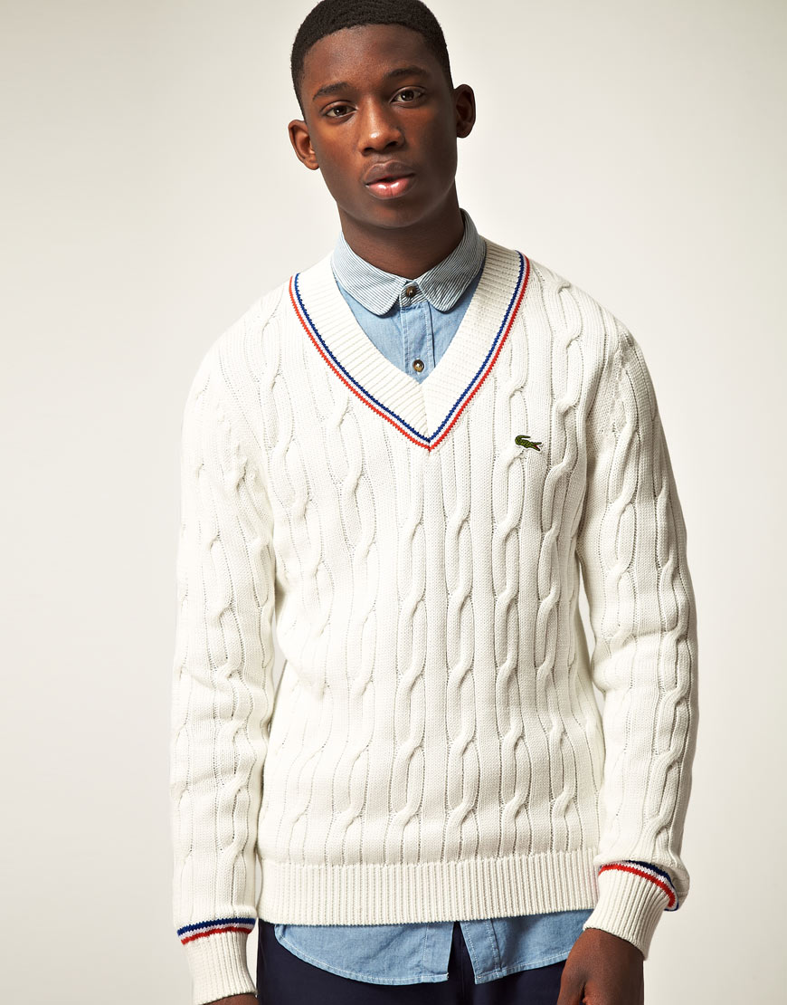 Lacoste Lacoste Live Cable V Neck Jumper in White for Men | Lyst