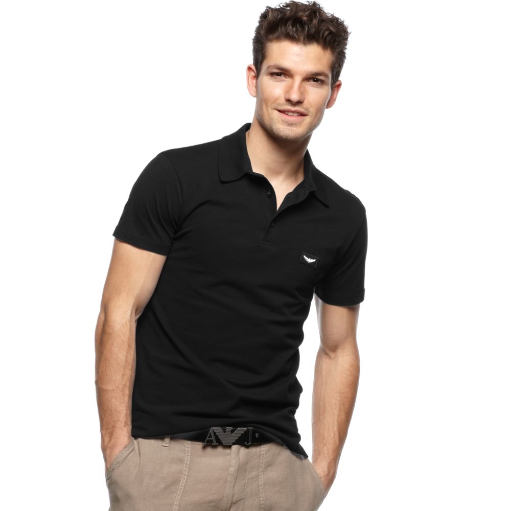 black jeans and polo shirt