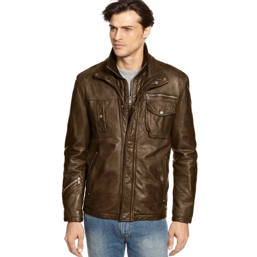 Marc New York Axle Antique Washed Leather Jacket with Knit Bib in Brown ...