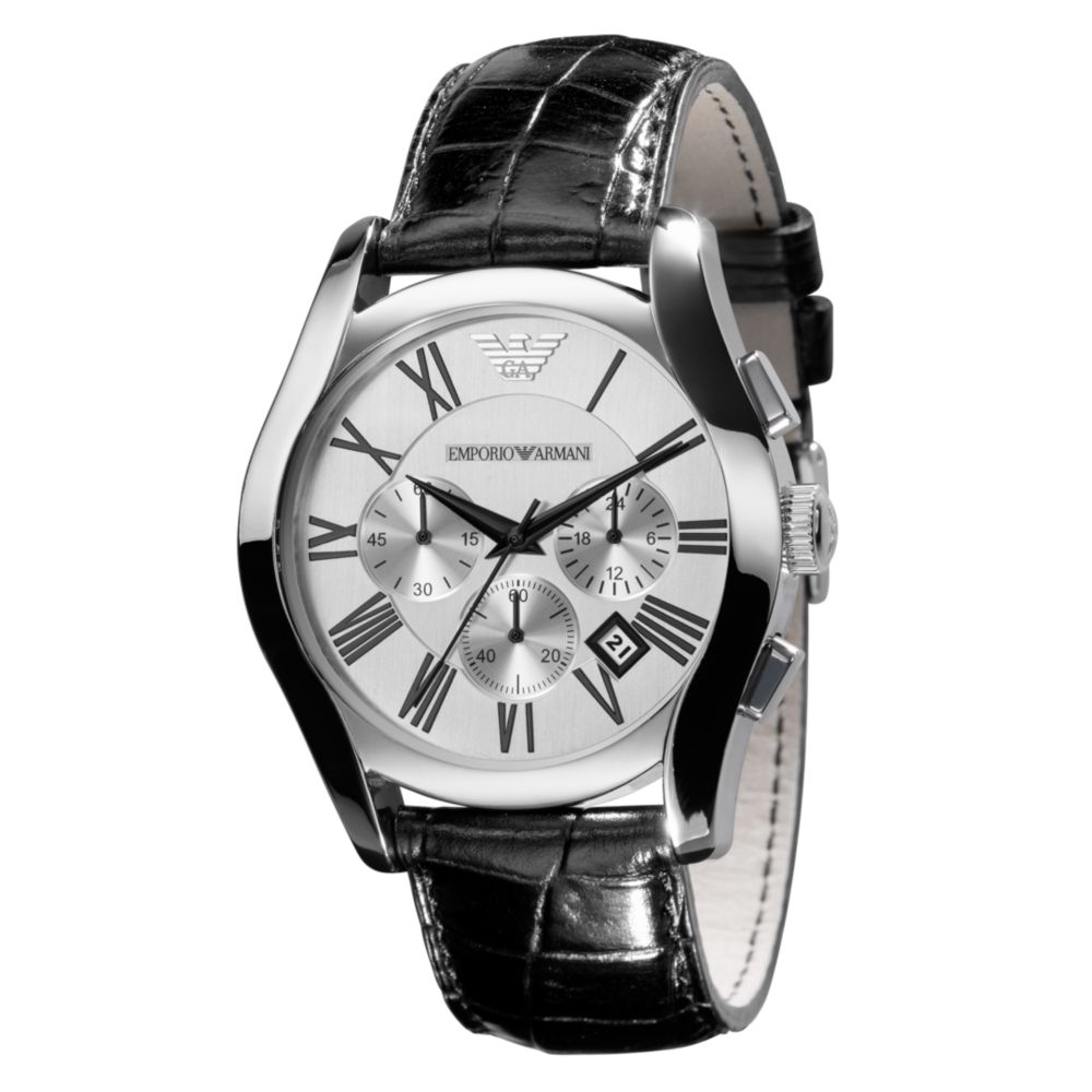 Emporio Armani Mens Chronograph Croc Embossed Black Leather Strap Watch