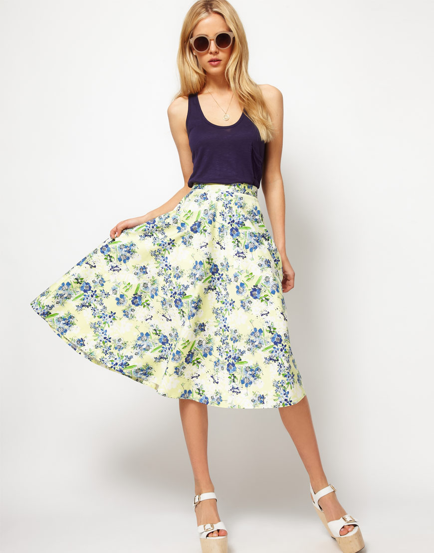 Lyst - Asos collection Asos Midi Skirt in Floral Print in Blue