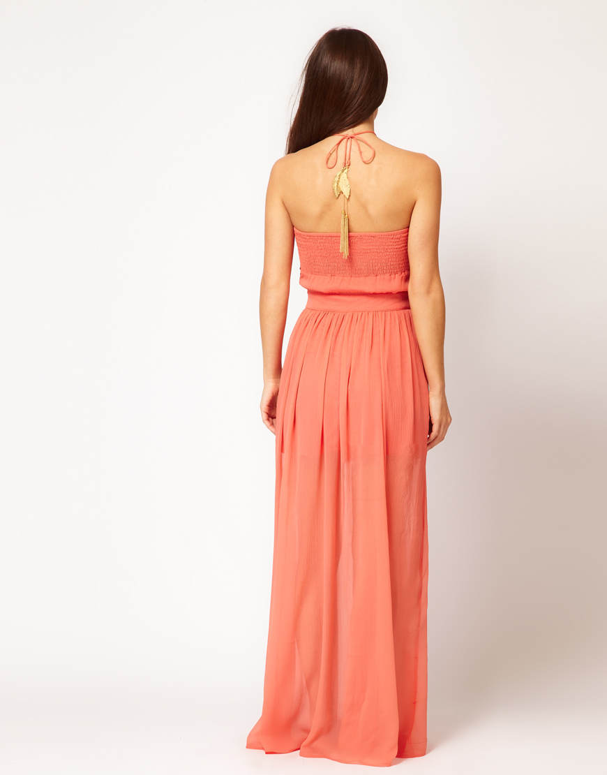 River Island River Island 3d Flower Chiffon Bandeau Maxi Dress in Coral ...