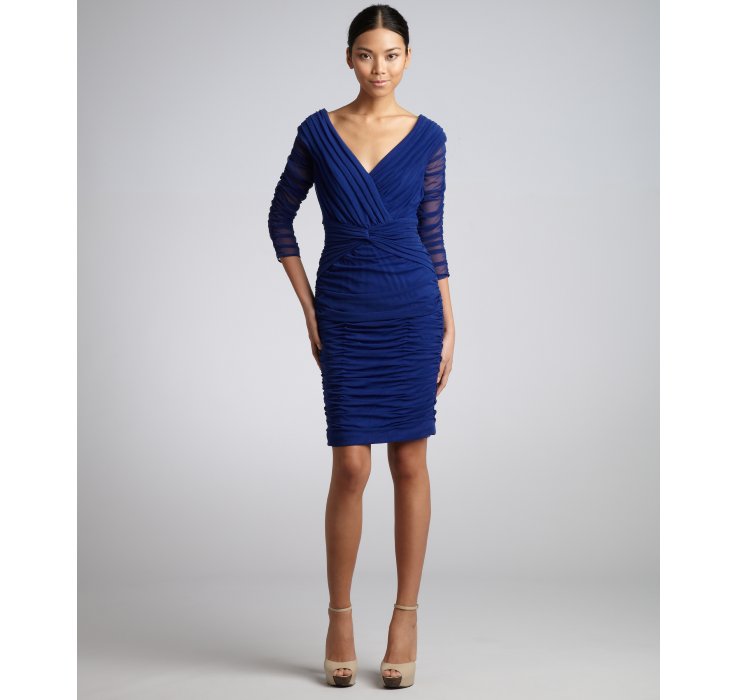 Lyst Tadashi Shoji Royal Blue Pleated Mesh Ruched Sleeve Dress Gallery