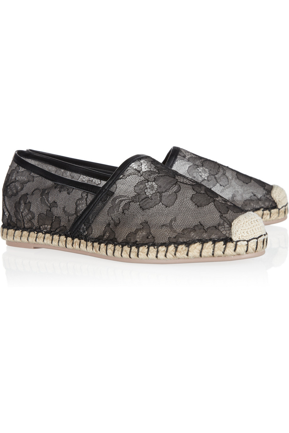 Valentino Leather and Lace Espadrilles in Black | Lyst