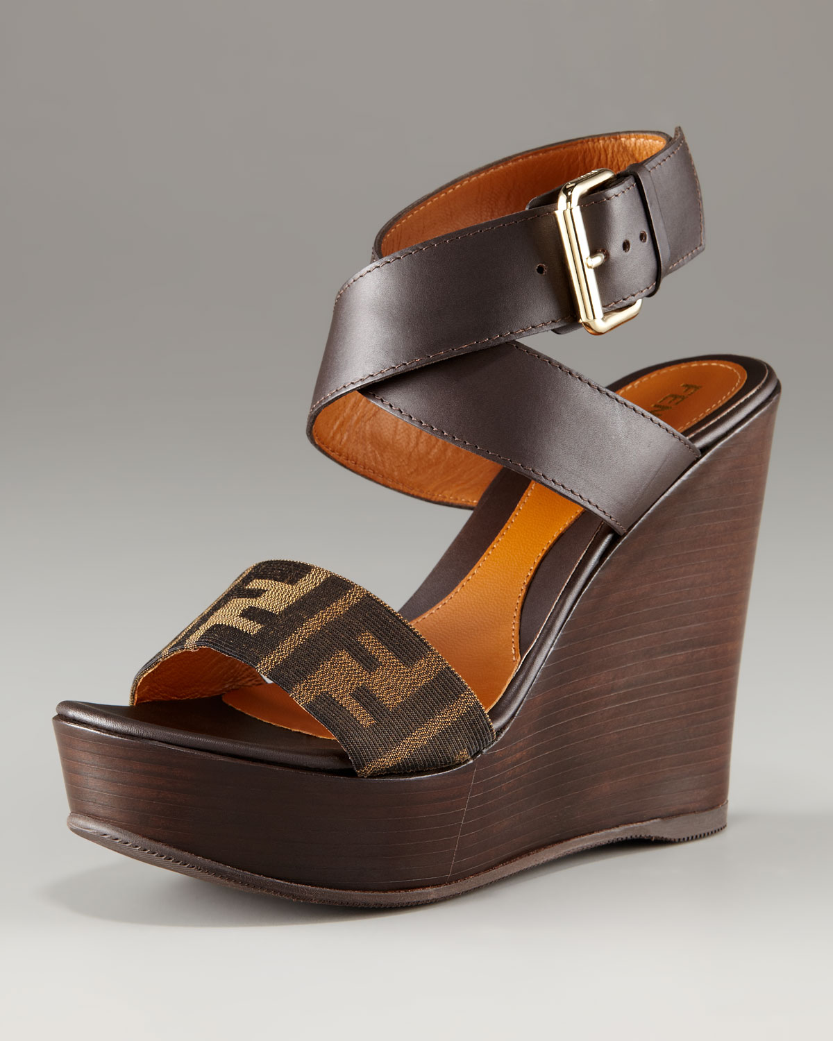 Fendi Zucca Wedge Sandal in Brown - Lyst