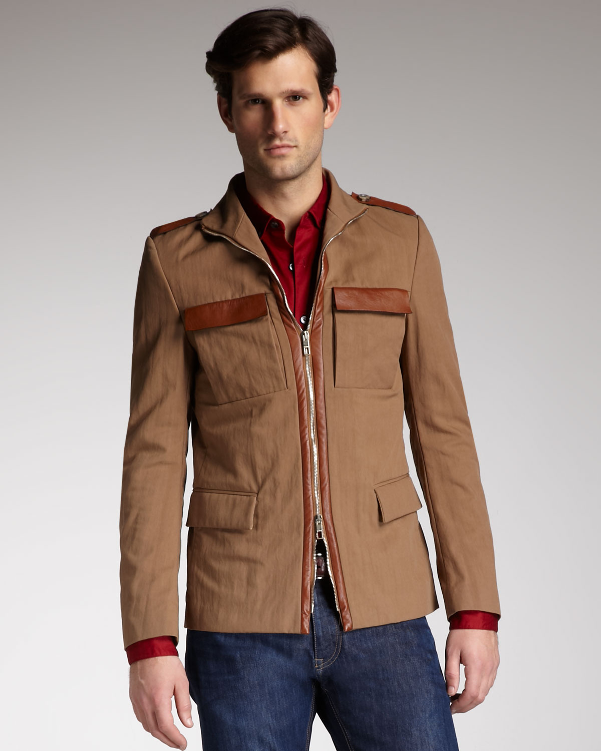 Valentino Leather Trim Safari Jacket In Brown For Men Lyst Gallery