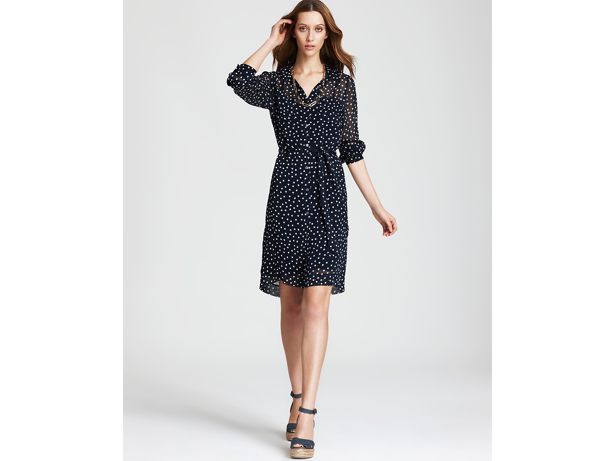 navy polka dot shirt dress