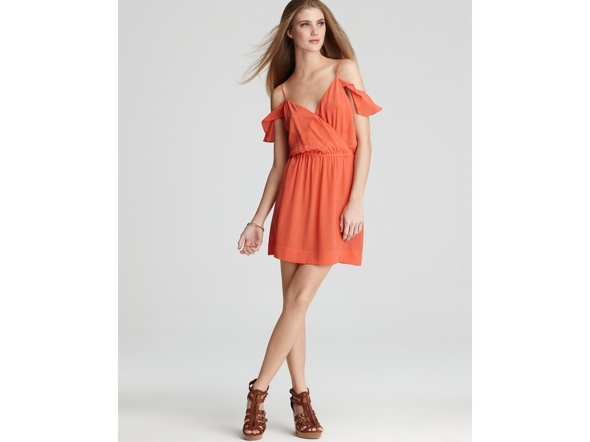orange cold shoulder dress