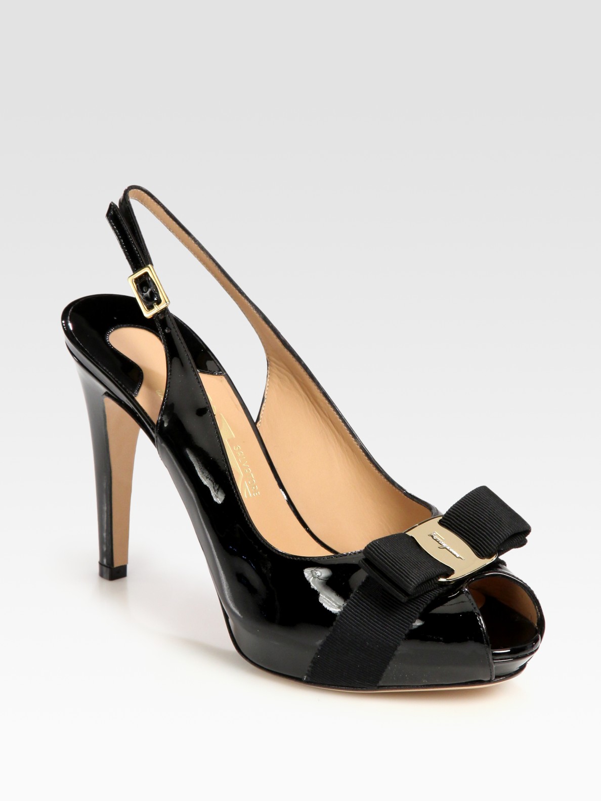 black patent peep toe slingback heels