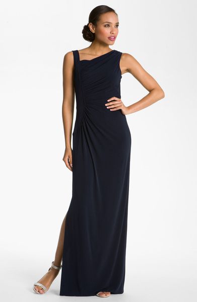 Calvin Klein Asymmetric Jersey Gown in Blue (navy) | Lyst