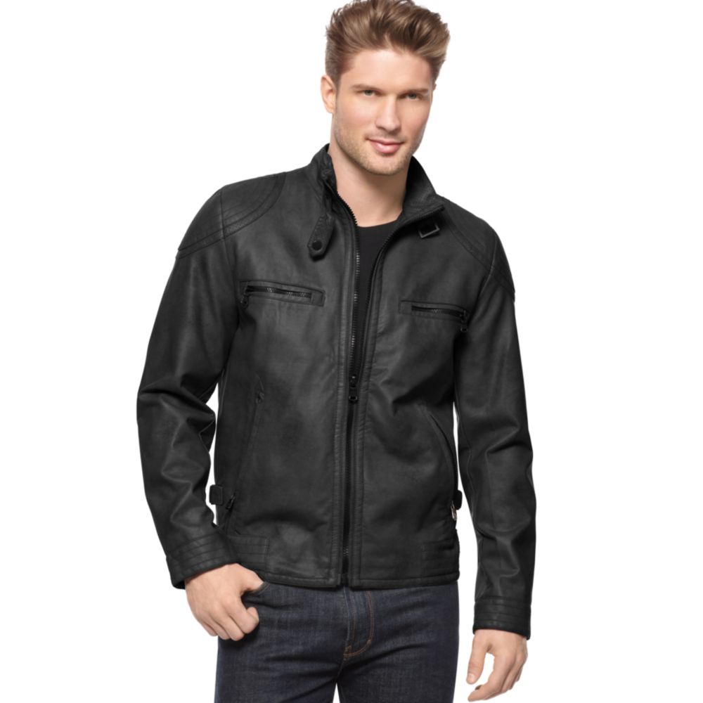 Calvin Klein Black Faux Leather Moto Jacket For Men