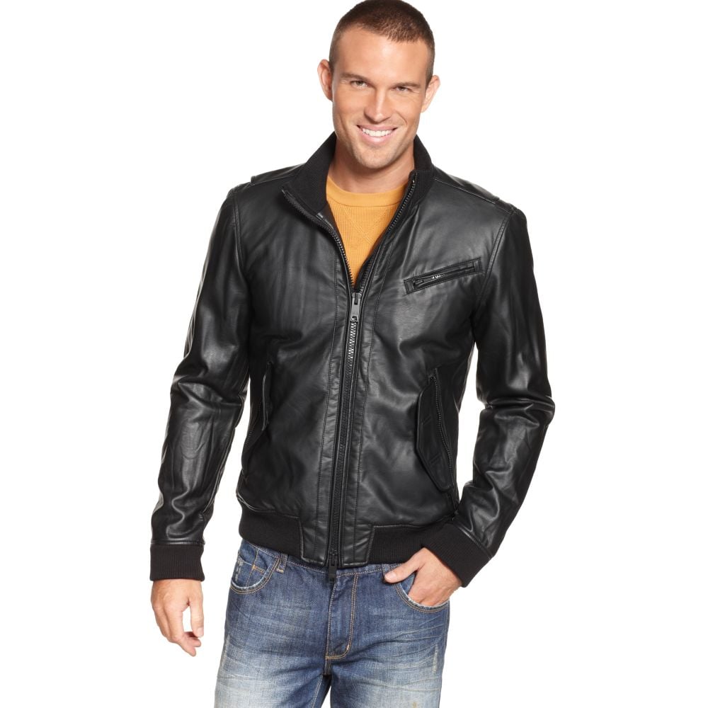Dkny Faux Leather Bomber Jacket in Black for Men | Lyst